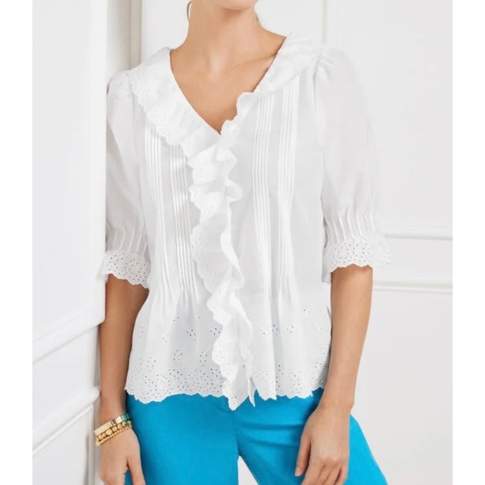 Talbots White Eyelet Ruffle V-Neck Button Front Blouse Top Size M Feminine